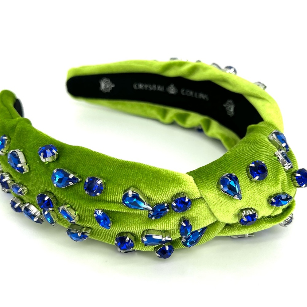 Pear Green Velvet Topknot Headband with Crystal Blue gems Party Spring Summer